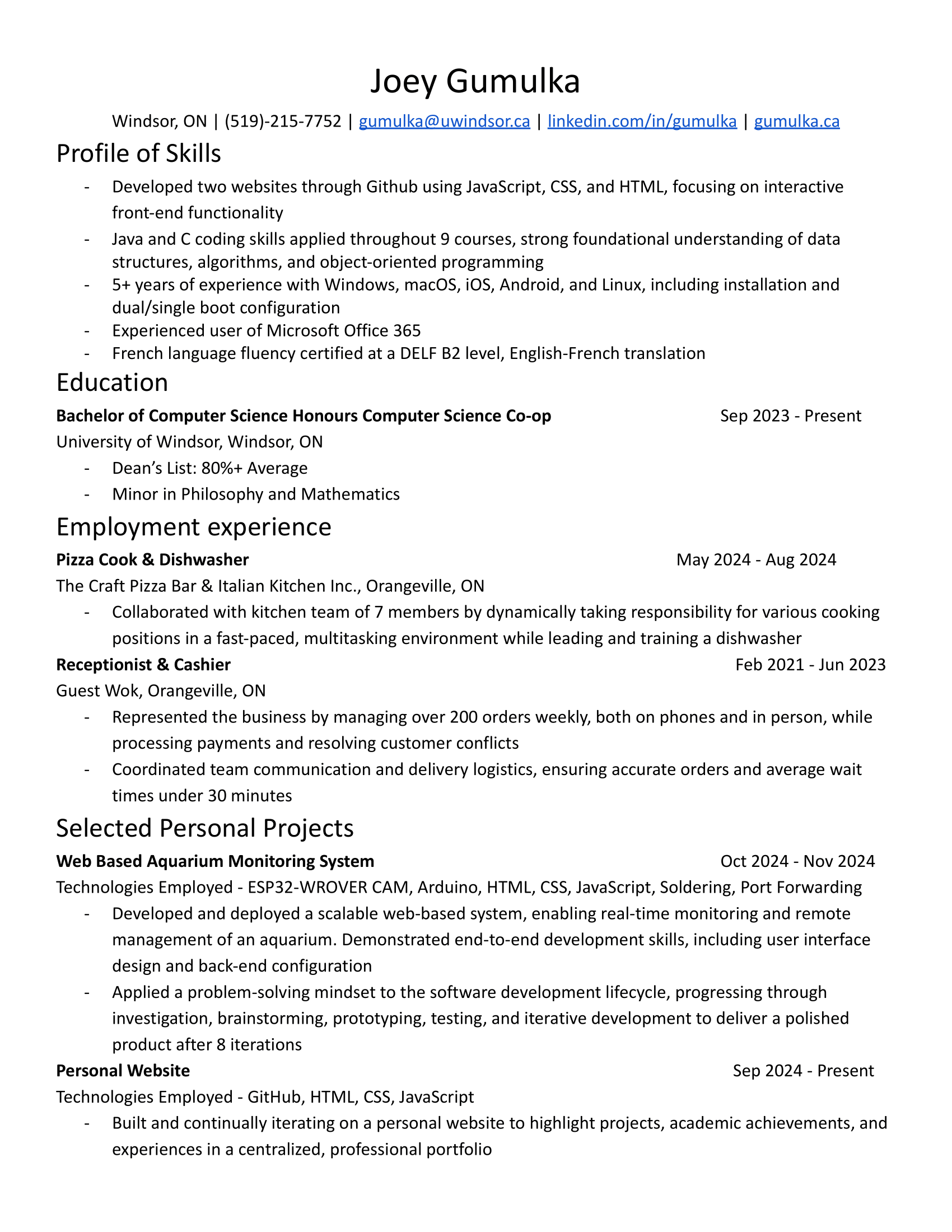 Joey Gumulka - Resume